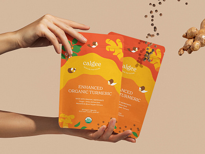 Calgee - Spices Pouch Packaging branding compostable curcuma design food illustration nutraceutical organic packaging pouch powder sauce seasoning spices supplement sustainable turmeric