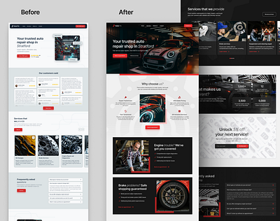 Car repair shop website before ➡️ After car components cta landing page mechanic modern red ui uiux webdesign website