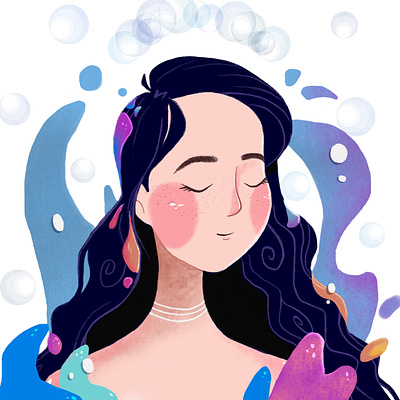 A Girl with Wavy Hair Like the Ocean blue digital art digital painting girl graphic design hair illustration ocean procreate purple see wave wavy