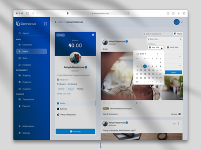 Date Range Filter for User Posts in Connectus dashboard admin blue clean dashboard date design filter imagery posts presentation range saas shots ui ui design ux ux design web web app