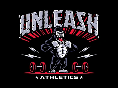 Unleash Athletics Gorilla Mascot Apparel Design ape apparel apparel design athletic athletics cartoon design dumb bell esports gorilla gym illustration mascot mascot logo silverback sports sports logo unleash weights