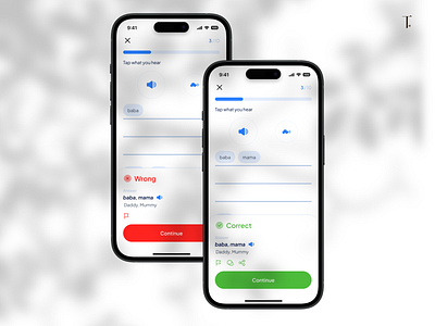 Lesson screens for Lingua App clean correct design illustration language learning lms mangement mobile mockup presentation saas shadow shots system ui ui design ux white wrong