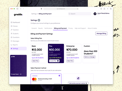 Gradde billing and payment billing card clean dashboard design grunge illustration methods navigation payment plans presentation saas search selected shots subscription ui ux ux design