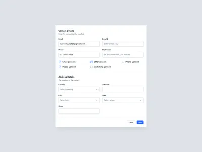 Create Contact - Contact Details app cards component contact contact form contact info design filter filters list modal new contact search select software table treee ui user interface ux