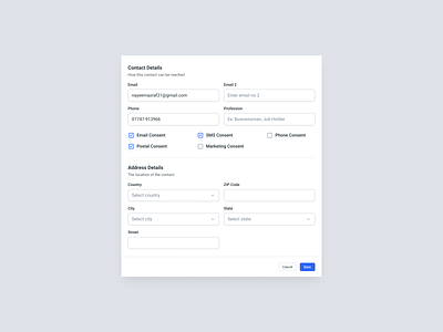 Create Contact - Contact Details app cards component contact contact form contact info design filter filters list modal new contact search select software table treee ui user interface ux