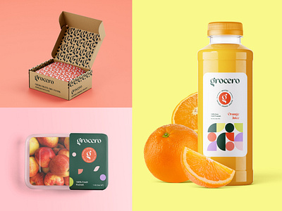 Grocero Packaging Design. branding design designer dielines foods fresh fruits giftbox healthy illustration juicebottle label logo mailerbox natural organic package packaging wrapping