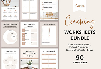 Coaching Worksheet Bundle for Canva canva template canva workbook template client guide client welcome client welcome guide client welcome kit client welcome pack client welcome packet coach bundle coach template coaching template coaching workbook worksheet worksheet canva worksheet template