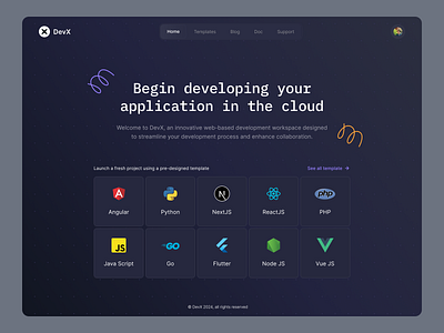 Cloud Based Development Workspace agency card cloud code editor dark mode design developer development fun product design programing language sekar station template ui ux web design workspace