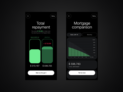 HiAsia — Mortgage Repayment app black cards dark design details fintech infographics mobile money mortgage payment product design profile repayment tiles ui ux wallet