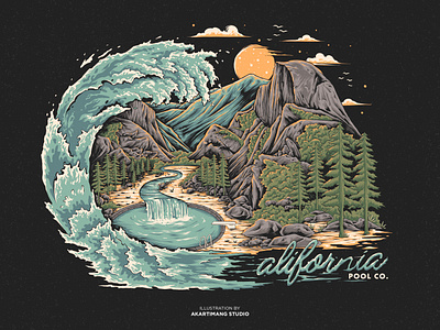 California Pool Co. design digitalillustration handdrawn illustration mountain tshirt design valley vintage vintage design waves yosemite yosmite national park