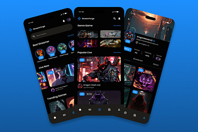 StreamForge - Game Streaming Mobile App analyzing app application branding challenge championship competition design excitement football fun gambling headset internet lifestyles playing sport strategy success ui