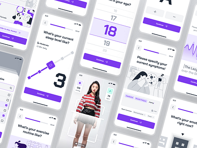 turing UI Kit: AI Smart Healthcare App | Health Assessment UIUX ai healthcare app assessment ui clean figma ui kit health assessment health assessment screen health assessment ui healthcare ui kit minimal modern onboarding onboarding screen onboarding ui purple quiz ui recording ui simple video ui violet virtual care app