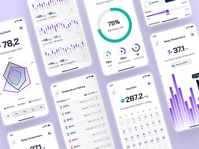 turing UI Kit: AI Smart Healthcare App | Virtual Health Metrics activity tracker app ai health companion app ai health tracker app ai healthcare app ai wellness app blood pressure app clean figma ui kit health metrics ui health score ui health tracker app healthcare ui kit minimal modern nutrition app purple simple violet virtual care app virtual healthcare app