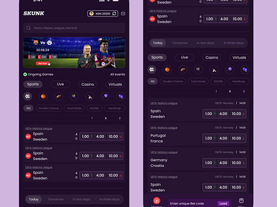 Skunk-Sportbetting app app betting microinteraction motion graphics sport ui