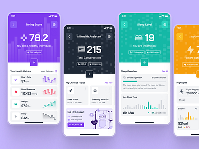 turing UI Kit: AI Smart Healthcare App | Health Metrics Score UI ai health assisstant ai health assisstant app ai health companion ai health companion app ai healthcare app chart ui clean figma ui kit health metrics ui health score healthcare ui kit heatlh score ui minimal modern purple simple violet virtual care virtual care app virtual health app