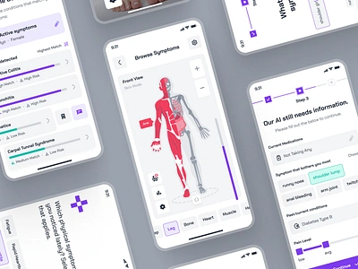 turing UI Kit: AI Smart Healthcare App | AI Symptom Checker UIUX ai health companion ai health companion app ai healthcare app ai heatlh assisstant app ai medical app ai symptom checker ai symptom checker app ai symptom checker ui anatomy ui clean healthcare ui kit minimal modern purple simple symptom checker symptom checker app symptom checker ui virtual care app virtual health app