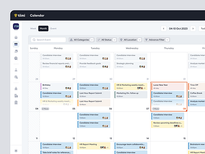 Tiimi - Monthly Calendar in SaaS HR Management System calendar candidate company contract management employee hiring hr hrd hrm hrs job product design recruitment saas team management ui uiux ux web app web design