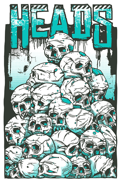 Heads bones cyberpunk dark dystopian graphic grunge heads horror illustration industrial mechanical pile skulls teal