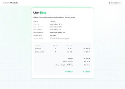 Customer Order Invoice Design billings discounts food delivery app invoice create invoice design invoice download invoice preview invoice product order delivered invoice product design transaction uber uber eats ui ux web design