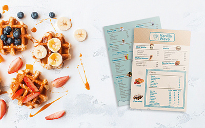 Vanilla Wave - Cafe Menu Design advertising brochure cafe menu cafe menu design cake chocolate design flyer fruits graphic design hands ice vream illustration logo logo design menu print sweets waffle white