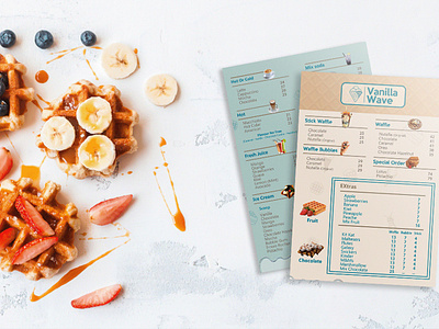 Vanilla Wave - Cafe Menu Design advertising brochure cafe menu cafe menu design cake chocolate design flyer fruits graphic design hands ice vream illustration logo logo design menu print sweets waffle white