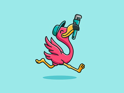 Flamingo the Plumber bird brand branding cartoon logo delivery fast happy identity illustrative logo logo mascot logo pink flamingo playful plumber plumbing repair running service speed wrench