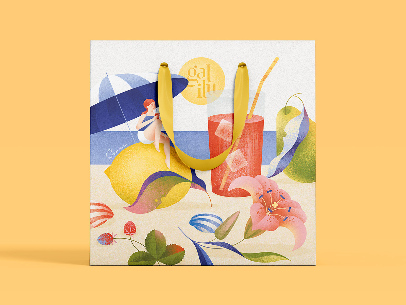 Summer illustration for perfumery beach drink flower food fruits geometric girl illustration key visual lemon lilly nature pear perfumery sea summer