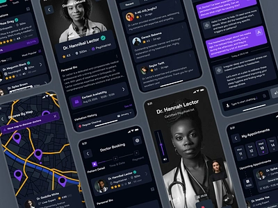 turing UI Kit: AI Smart Healthcare App | Doctor Consultation UI ai doctor app ai health companion app ai healthcare app clean dark mode dark ui doctor app doctor appointment app figma ui kit healthcare ui kit map ui minimal purple simple video call ui virtual care virtual care ui virtual consultation app virtual doctor virtual heatlhcare app