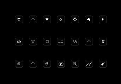 GLASSMORPHISM TECHNICAL ICONS STACK 3d animation black and white branding glass effect glassmorphism graphic design icons logos stack technical ui web development