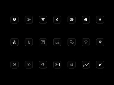 GLASSMORPHISM TECHNICAL ICONS STACK 3d animation black and white branding glass effect glassmorphism graphic design icons logos stack technical ui web development