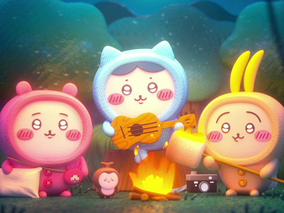 3D CHIIKAWA I Calm campfire and drowsy ukulele🔥 3d 3dart 3dcharacter 3dmodeling animal animation camping character chiikawa cute design forest illustration