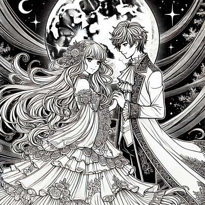 couple standing under a full moon adult coloring page anime anime coloring book anime coloring page black and white color me coloring book coloring page couple illustration romantic