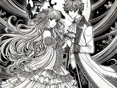 couple standing under a full moon adult coloring page anime anime coloring book anime coloring page black and white color me coloring book coloring page couple illustration romantic