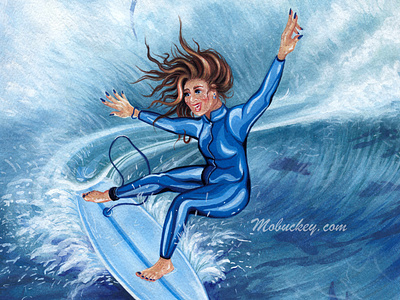 Phthalo Blue Surfer | Gouache Paint Illustration animal art art print artist artwork commission freelance gouache illustration illustrator ocean paint painter painting portrait surf surfing wall art watercolor woman