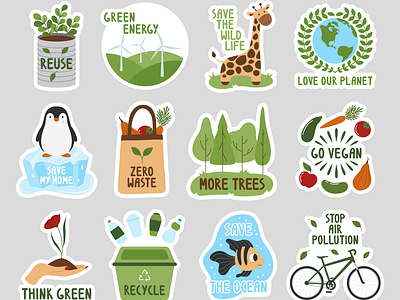 Eco Stickers animal cartoon collection design earth eco ecology environment flat global warming green energy illustration plastic recycling reusing set stickers vector vegan zero waste