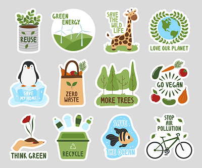 Eco Stickers animal cartoon collection design earth eco ecology environment flat global warming green energy illustration plastic recycling reusing set stickers vector vegan zero waste