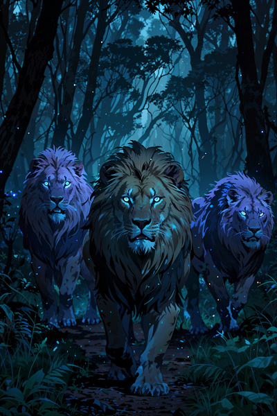 Ghosts of the Night Woods: The Lion Trinity. anime art illustration nature night