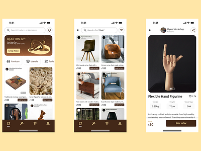 Wood Products Shop App UI ecommerce app minimal ui design mobile app design product design product shop shop app shopping app design simple ui ui uiux user interface ux