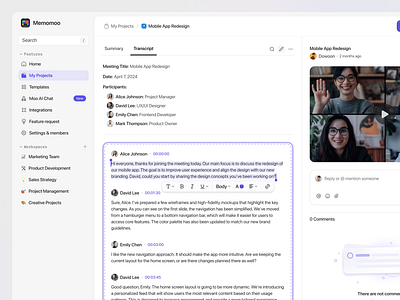 Memomoo: AI Meeting Note Taker - Editing Transcript 📝 ai ai chat ai note taker note ai summarize artificial intelligence chat gpt chatbot dashboard design editing meeting note taker notes saas summarizer meeting text summary transcript ui ux