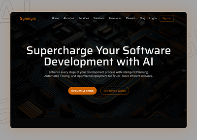 Synergia: Software Development AI ai software artificial intelligence creative design dark theme design community design inspo designdaily dribbble hero page landing page modern product design uiux