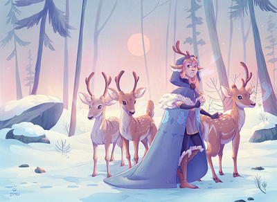 Dear deer winter walk illustration