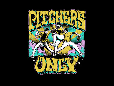 Pitchers Only Velo Tour 70s baseball illustration pitcher retro trippy typography vibes