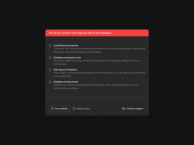 Error modal 404 connection contact support dark mode design exploration details error modal figma information issue limitations message problem product design red report report error ui ux web design