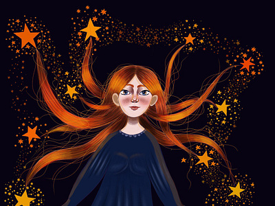 Starry ginger book illustration character design digital art drawing girl hair drawing illustrate illustration magic night phantasy illustration