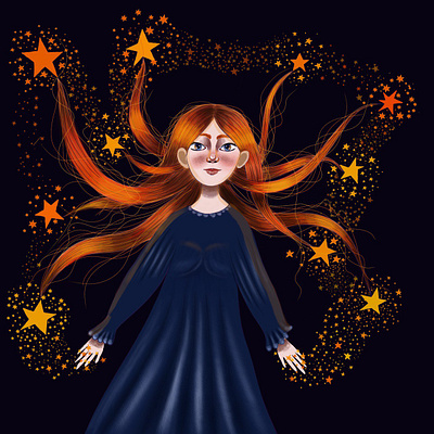 Starry ginger book illustration character design digital art drawing girl hair drawing illustrate illustration magic night phantasy illustration