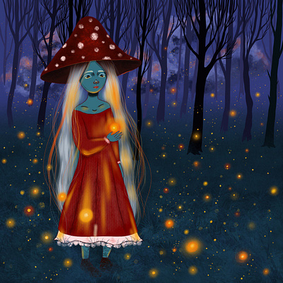 Mushroom forest girl with night lights book illustration character design design digital art drawing forest forest witch girl illustrate illustration lights mushroom night phantasy illustration