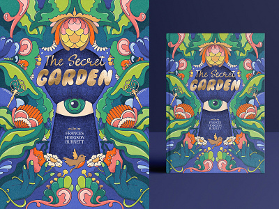 The Secret Garden Book Cover art nouveau bird book cover design book cover illustration classic novel design colorful editorial illo eye flowers foliage gold keys illustration keyhole modern retro psychedelic publishing robin the secret garden vintage illustration