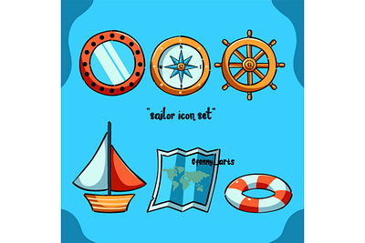 Sailor Icon Set Blue Background anchor background blue boat compass elements icon lighthouse map marine maritime nautical navigation navy ocean sailing sailor sea set ship