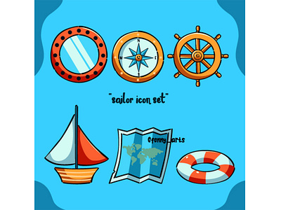 Sailor Icon Set Blue Background anchor background blue boat compass elements icon lighthouse map marine maritime nautical navigation navy ocean sailing sailor sea set ship