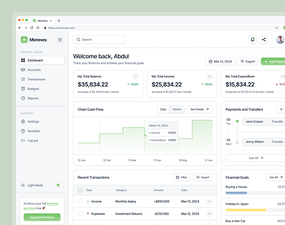 Moneves - Financial Management Dashboard cashflow chart component dashboard design finance financial financial dashboard fintech funds graph investment management minimalist money number product design ui ux website